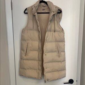 Zara Beige Quilted Hooded Puffer Vest